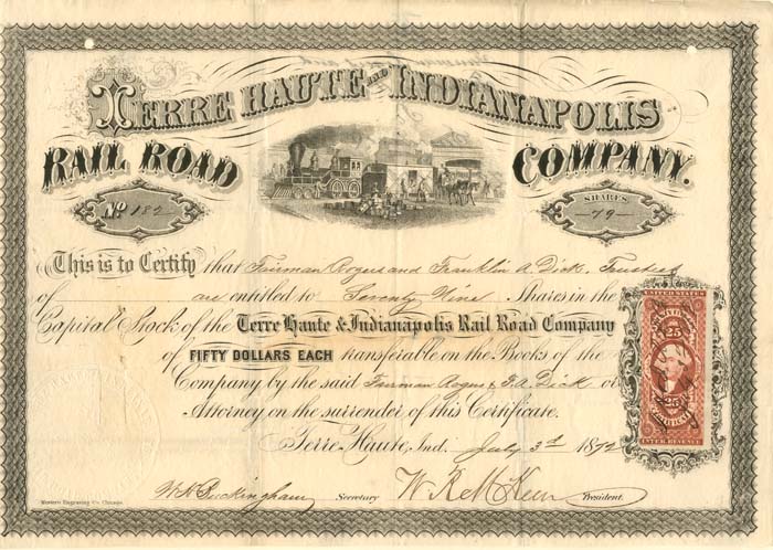 Terre Haute and Indianapolis Railroad Co. - Indiana Railway Stock Certificate